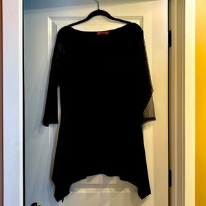 Black cocktail dress uneven hem beaded bodice with black mesh neckline ,sleeves